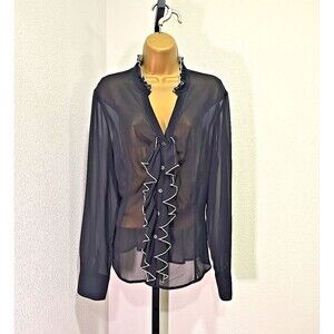 Fairy Goth Victorian Poet Ethereal Ruffle Dark Romance Black Sheer Top Womens XL